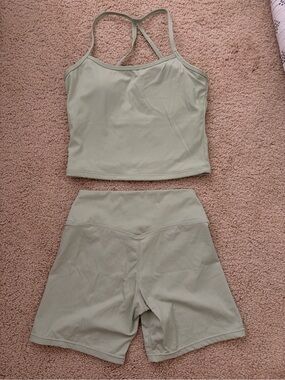 Sage Green Two-Piece Active Set - Tank & High-Waist Shorts